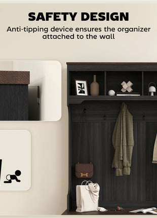 3-in-1 Hall Tree with Shoe Storage, Coat Rack with Bench, Entryway Furniture with Five Hooks, Black Wood Grain