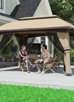 10' x 13' Patio Gazebo, Outdoor Gazebo Canopy Shelter with Netting, Vented Roof for Garden, Beige