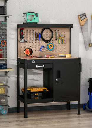Multipurpose Workbench, Workshop Tool Table with Slide Drawer. Peg Board, Storage Cabinet with Keys