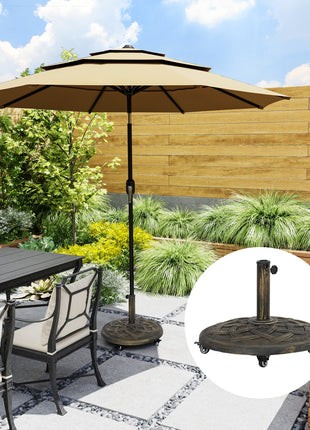 Round Patio Umbrella Base with Wheels, 44 lbs Resin Umbrella Stand Base, Heavy Duty Patio Umbrella Holder for 1.3"/1.5"/1.9" Umbrella Poles for Outdoor, Lawn, Poolside, Bronze