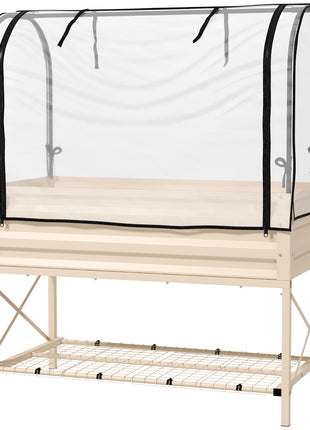 Raised Garden Bed with Legs and Cover, Metal Elevated Planter Box with Bottom Shelf and Liner for Vegetables, Cream
