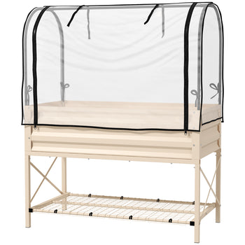Raised Garden Bed with Legs and Cover, Metal Elevated Planter Box with Bottom Shelf and Liner for Vegetables, Cream