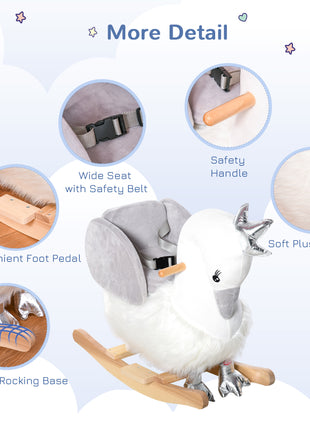 Kids Ride on Horse Swan Rocker with Sound, Plush Seat, Wooden Base, Safety Belt for Toddlers 18-36 Months, White