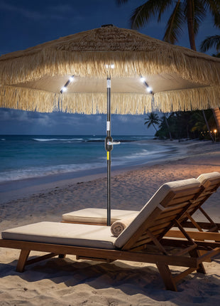 9 ft Hula Thatched Tiki Patio Umbrella with LED Solar Light, Outdoor Umbrella with Crank, Tilt, UPF30+, Khaki