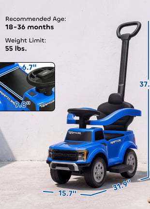 3 In 1 Licensed Ford Kids Push Car with Push Handle, Horn, Sound, Secure Bar, Storage, for Toddlers 18-36 Months, Blue