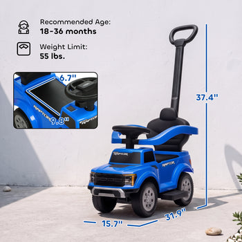 3 In 1 Licensed Ford Kids Push Car with Push Handle, Horn, Sound, Secure Bar, Storage, for Toddlers 18-36 Months, Blue