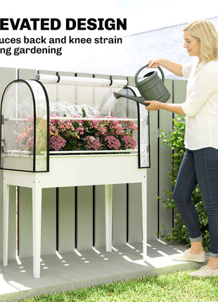 Raised Garden Bed with Flip-Up Greenhouse Cover, Metal Elevated Garden Bed with Legs and Drainage Hole, White