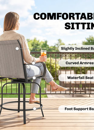 Outdoor Bar Stools Set of 2, 360° Swivel Bar Height Chairs, 26.75" x 29.5" x 48.5", Tan