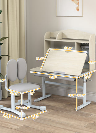 Kids Study Desk and Chair Set with Adjustable Height, Tiltable Desktop, Hutch and Drawer for Ages 3-12, Gray
