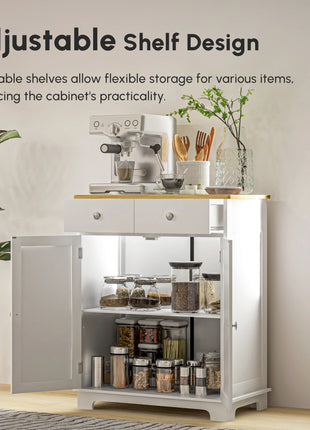 Kitchen Storage Cabinet, Sideboard Floor Cupboard with Solid Wood Top, Adjustable Shelf, and 2 Drawers, Distressed White