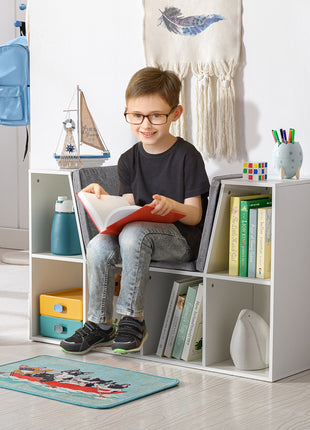 6-Cubby Kids Bookcase with Reading Nook and Cushion, Multi-Purpose Storage Organizer for Bedroom, Living Room, Pure White