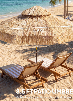 8.5 FT Hula Thatched Tiki Patio Umbrella, 2-Tier Tropical Hawaiian Style Outdoor Umbrella with 8 Ribs, UPF30+, Khaki