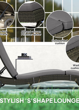 Patio Wicker Chaise Lounge Chair, Outdoor PE Rattan Sun lounger with Adjustable Backrest and 2 Wheels, Gray