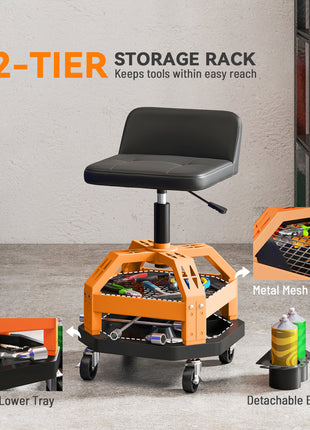 Rolling Creeper Garage Stool, 300 LBS Capacity Mechanic Stool with 360° Wheels, Tool Tray, Adjustable Height, Yellow