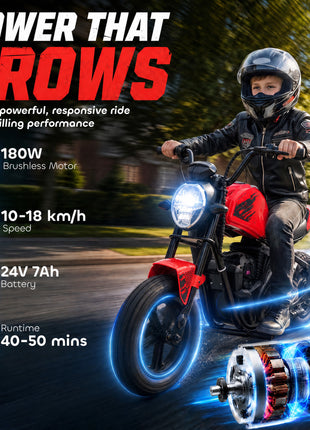 24V Kids Electric Motorcycle with 180W Motor, 12" Rubber Tires, Up to 11MPH, Twist Throttle for Ages 6-12, Red