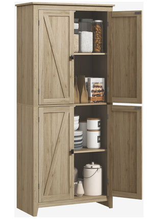 72" Freestanding Kitchen Pantry Cabinet, Farmhouse Tall Storage Cabinet with 4 Door Cabinets and Adjustable Shelves for Dining Room, Natural