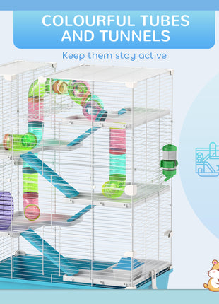 6 Tier Hamster Cage with Tubes and Tunnels, Hut, Wheel, Food Dish, Water Bottle, Ramps, for Dwarf & Gerbil, Light Blue