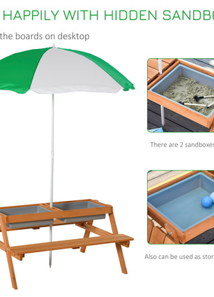 Kids 3 in 1 Sand and Water Table, Wooden Outdoor Convertible Picnic Table with Umbrella and Storage Inside, Bench Backyard Furniture for Garden, Patio, or Balcony