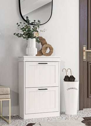 Modern Shoe Storage Cabinet with 2 Flip Drawers for 10 Pairs, Narrow Shoe Organizer for Entryway, Hallway, White