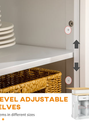 Kitchen Island with 2-Level Rubber Wood Tabletop, Island Table with Adjustable Shelves and Drawers, White