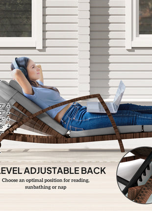 Set of 2 Wicker Chaise Lounge Chair Outdoor Patio Lounger with 5 Adjustable Back, Wheels, Cushion, and Armrests, Gray