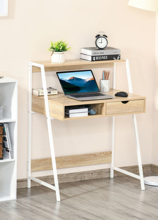 Home Office desk, Computer Desk for Small Spaces, Study Table with Drawer and Storage Shelves, Natural