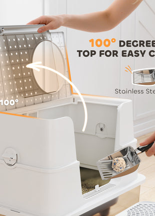 XL Stainless Steel Litter Box w/ 100° Flip Top, Scoop, Step, Top & Side Entry Enclosed Litter Box for Big Cats