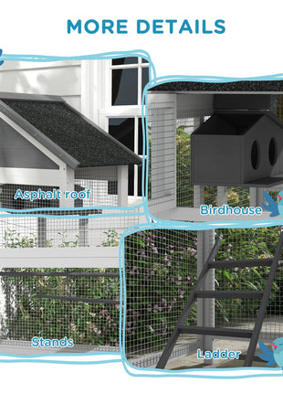 Wooden Bird Aviary with Slide-Out Tray, Birdhouse, Ladder, Perches for Finches, Parakeets, Gray