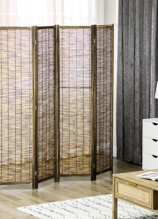 Hand Woven Room Divider, 4 Panel Folding Privacy Screen, Indoor Reed Partition Wall, 63"x67"x0.75", Brown