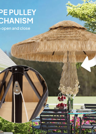 8.5 FT Hula Thatched Tiki Patio Umbrella, 2-Tier Tropical Hawaiian Style Outdoor Umbrella with 8 Ribs, UPF30+, Khaki