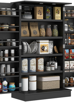 Freestanding Kitchen Pantry Cabinet, Kitchen Cabinet with 12 Door Shelves, Double Doors, 5-tier Shelving, Black