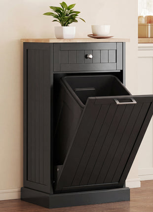 10 Gallon Tilt Out Trash Cabinet, Wooden Hidden Trash Can with Storage Drawer for Kitchen, Laundry Hamper Cabinet for Bathroom, Black