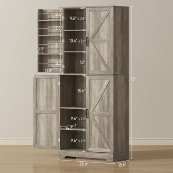 Farmhouse Kitchen Pantry, 72" Tall Pantry Cabinet with 4 Barn Doors, 4 Adjustable Shelves and 8 Door Shelves, Gray Wash