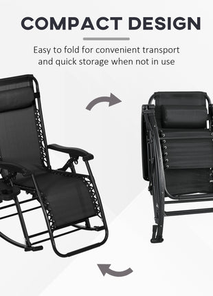 2 Outdoor Rocking Chairs Foldable Reclining Zero Gravity Lounge Rockers w/ Pillow Cup & Phone Holder, Black
