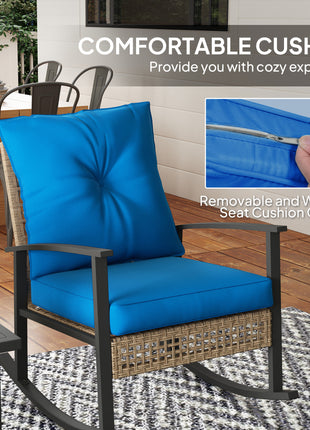 3 Pieces Bistro Set, Patio Wicker Furniture Set with Button Tufted Cushions, Rattan Rocking Chairs, Coffee Table, Blue