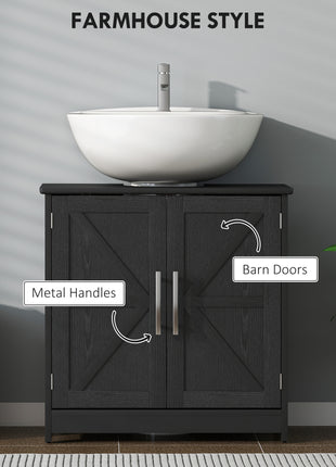 Farmhouse Pedestal Sink Storage Cabinet, Bathroom Sink Cabinet with 2 Barn Doors and Adjustable Shelf, Distressed Black