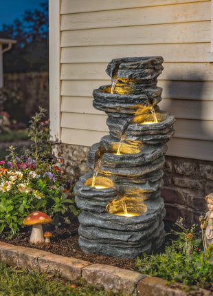 40" Tall Outdoor Waterfall Fountain with LED Lights, 6-Tier Cascading Waterfall Feature, Resin Garden Fountain, Gray
