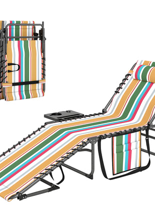 Folding Outdoor Chaise Lounge Chair Tanning Chair with 5-Level Adjustable Back, Side Table, Pillow, Pocket, Mixed Color