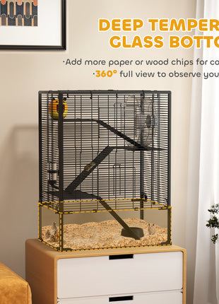 4 Tier Hamster Cage with Deep Tempered Glass Bottom, Running Wheel, Hut, Water Bottle, Food Dish, 24" x 16" x 31.5"