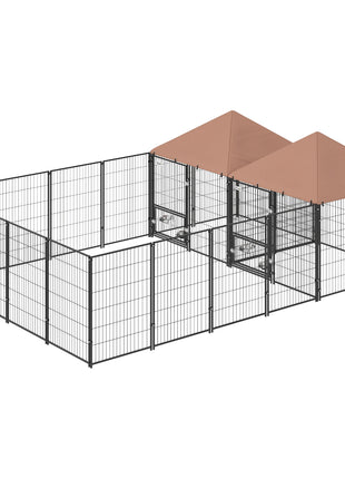 Large Outdoor Dog Kennel with 2 Rooms, Rotating & Adjustable Height Bowls, 13.5' x 9.4' x 5.1'