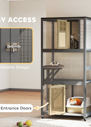 74" Wooden Outdoor Cat House Catio with High Weight Capacity, Cat Cage Condo, Dark Gray