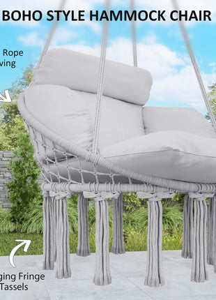 Hammock Swing Chair, Macrame Hanging Chair with Large Cushion, Chain, Steel Frame for Indoor Outdoor Use, Gray