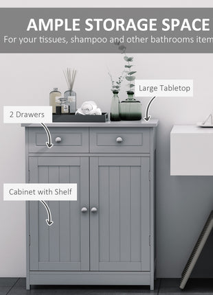 Freestanding Bathroom Floor Cabinet, Wooden Bathroom Cabinet with 2 Doors, 2 Drawers and Adjustable Shelf, Gray