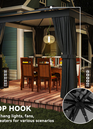 10' x 10' Outdoor Patio Gazebo, Soft Top Gazebo Canopy Shelter with Curtains, Netting, Steel Frame, Hook, Dark Gray