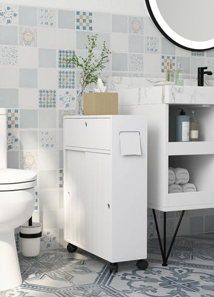 Toilet Paper Cabinet, Slim Bathroom Cabinet with 4 Rolling Wheels, Small Bathroom Storage Cabinet with Paper Holes, Sliding Doors and Adjustable Shelf for Small Space, White