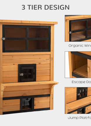 Outdoor Cat House, 3-Tier Kitty Shelter with 5 Escape Doors, Weather Resistant, Yellow & Black