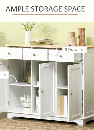 Modern Sideboard with Rubberwood Top, Buffet Cabinet with Storage Cabinets, Drawers and Adjustable Shelves, White