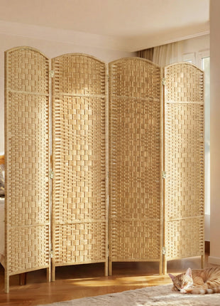 Folding Room Divider Screen 4 Panel 6' Tall Privacy Screen Freestanding Wood Partition for Home Office, Nature Wood