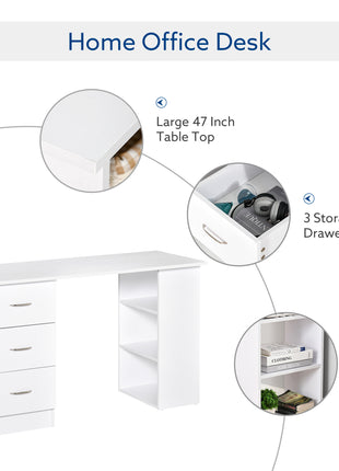 47" Modern Home Office Computer Desk Bookcase Combo Writing Table Workstation with 3 Drawer and Storage Shelf - White
