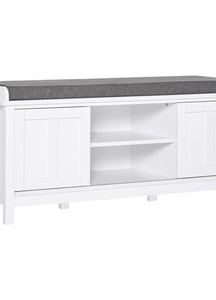 Entryway Shoe Bench Storage Ottoman with Sliding Doors, Adjustable Shelving, 6 Compartments, and Padded Seat, Holds 10 Pairs, White